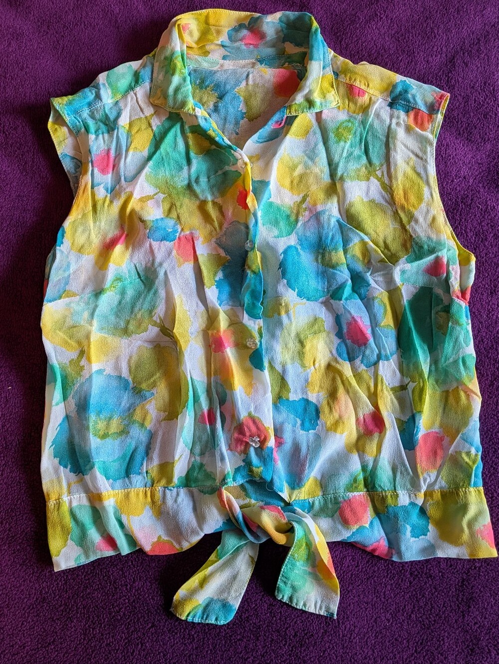 Vintage Watercolor Sleeveless Tie-Front Floral Blouse